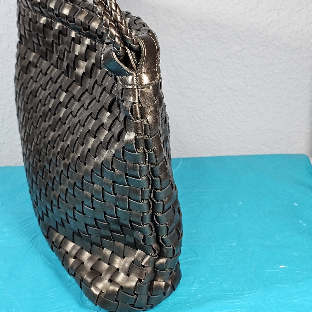 NINE WEST Woven Shoulder Tote Faux Leather Braided Shoulder Handbag Purse Bronze - Picture 4 of 15